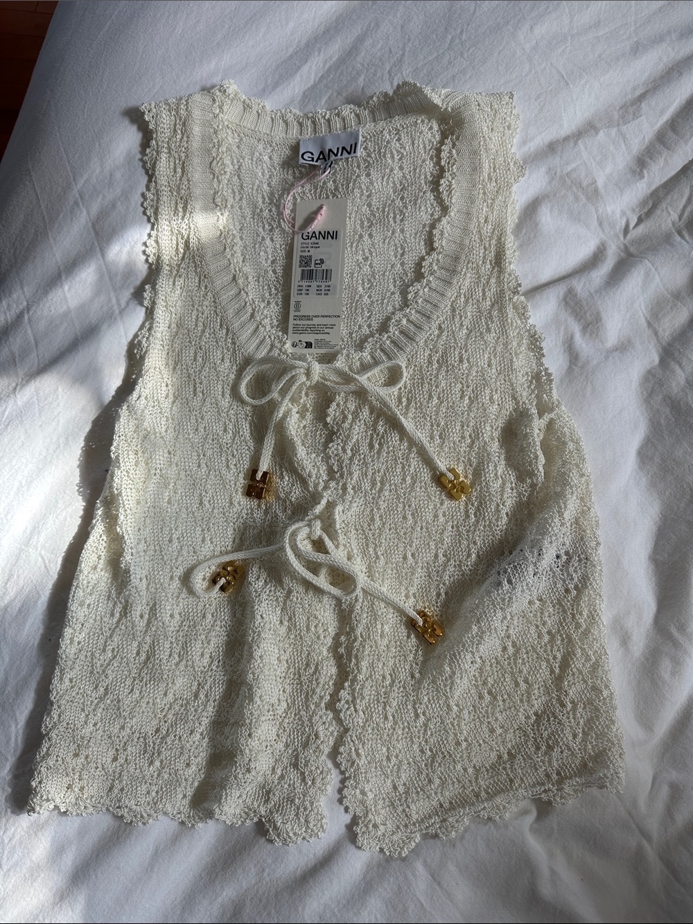 Ganni Cream Lace-Trim Knit Tank with Gold-Tone Tie Details